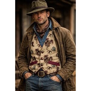 Vintage Needlepoint Tapestry Vest Beige Maroon Equestrian Fox Hunt Men's S